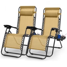 2Packs Zero Gravity Lounge Chair With Dual Side Tray Stress Relief Pillow 330lbs Max Load Per Chair Foldable For Patio Poolside Beach Fedex Ship (Color: Beige)