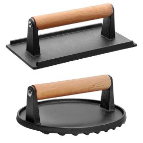 2Pcs Cast Iron Grill-1Pc Rectangular & 1Pc Round Press Pre-Seasoned Steak Weights Smash Burger Press Bacon Meat Smasher With Wood Handle 7in Round (Option: 2pcs)