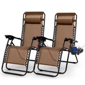 2Packs Zero Gravity Lounge Chair With Dual Side Tray Stress Relief Pillow 330lbs Max Load Per Chair Foldable For Patio Poolside Beach Fedex Ship (Color: Brown)
